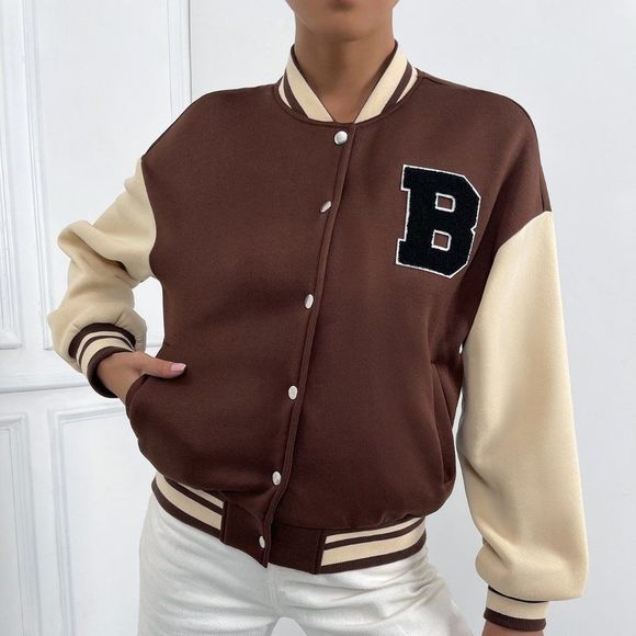 New Letter Patched Striped Trim Drop Shoulder Varsity Jacket Brown 226 - Picture 3 of 6